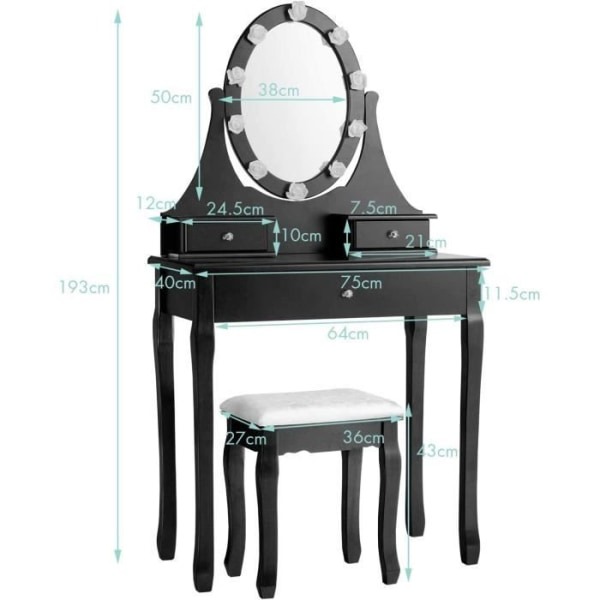 COSTWAY Sminkbord med spegel, pall och 10 led romantiska rosenlampor - 3 lådor, 360o roterande spegel B75 x D40 x H193 CM Svart