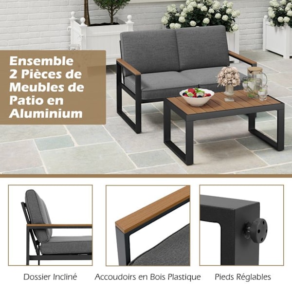 COSTWAY Trädgårdsbord och Soffa Set, Bordsyta i Trä-Plast, Armlän, Parasolhål, för Patios, Poolområden, Balkonger Kuddens färg: Grå