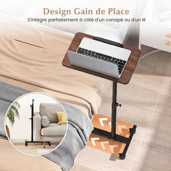 COSTWAY C-formet Sidebord Højdejusterbart 52x33x69-112 cm - Vippende Bordplade med 360° Rotation til Sofa, Brun