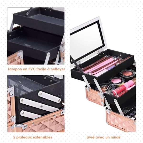 COSTWAY Makeup-etui med spejl og lås Bærbart skønhedsetui 23 x 15 x 18 cm til toiletbord, syudstyr