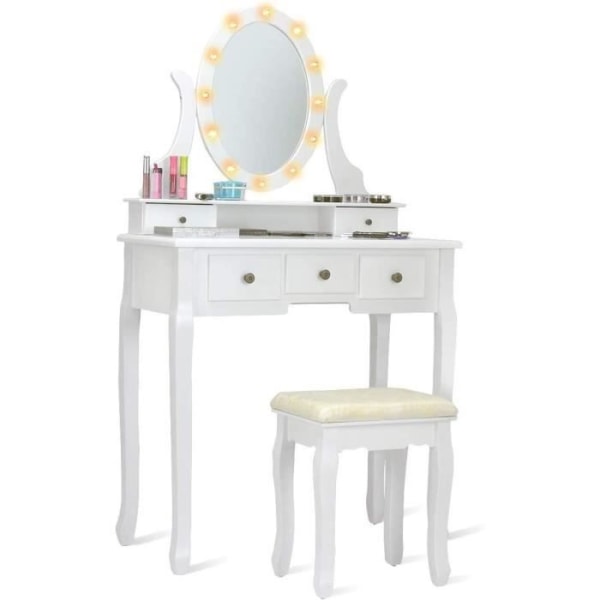 COSTWAY Sminkbord, Sminkbord med LED Varmljus Roterande Oval Spegel, 5 lådor, Bekväm pall Vit