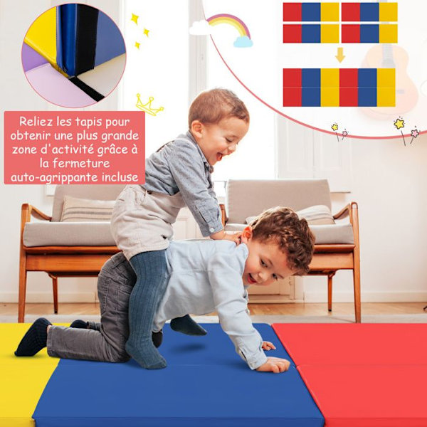 COSTWAY Foldable Gym Mat - 180 x 60 x 5cm - 3 Fold with Handle - Hook and Loop Fasteners - Waterproof PU Filling EPE - Colorful