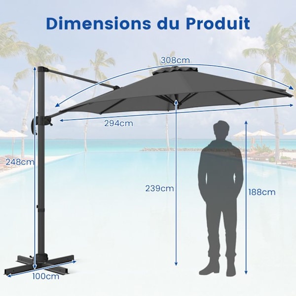 COSTWAY Parasol Déporté 294x247cm - 360° Rotation - 5 Justerbara Lutningsvinklar - Korsbas - UV-skydd för Trädgård - Grå