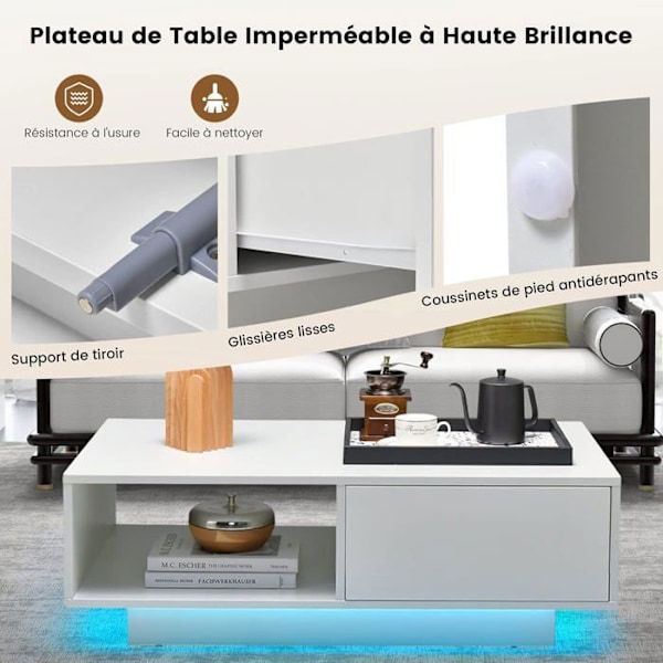 COSTWAY Sofabord - LED Lys 20 Farver - 95 x 55 x 31 CM - LED Sofabord med Stort Skuffe og Rum - Hvid Vit