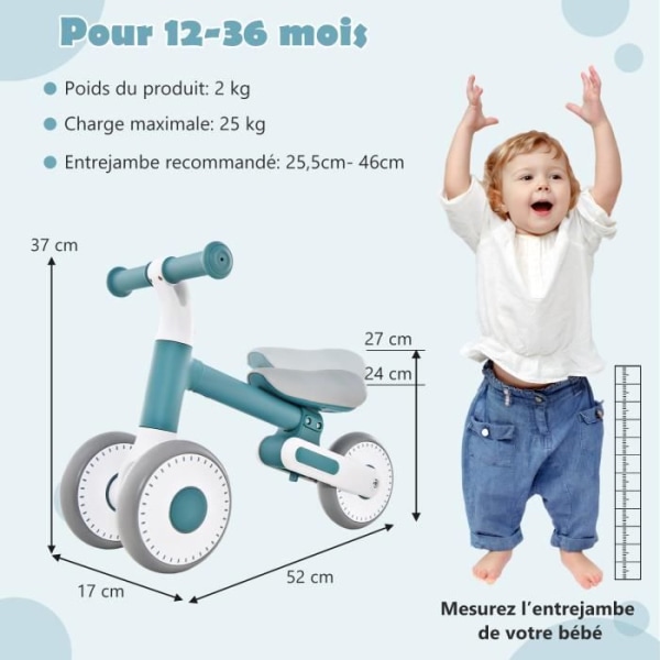 COSTWAY Balanscykel utan pedal för baby 1-3 år med 3 hjul, hopfällbar barnbalanscykel med höjdjusterbar sadel, blå
