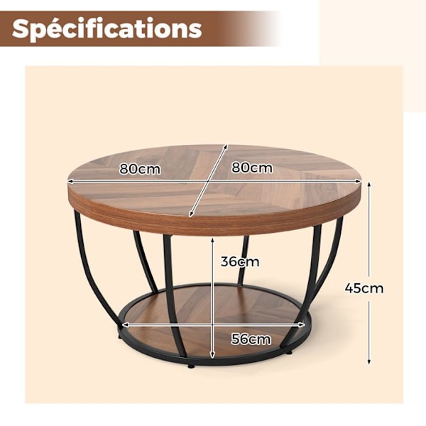 Lägre Soffbord 80 cm med 2 Nivåer COSTWAY, Metallram, Toppen i Falskt Trä, Rund Extraplatta för Sovrum, Naturlig