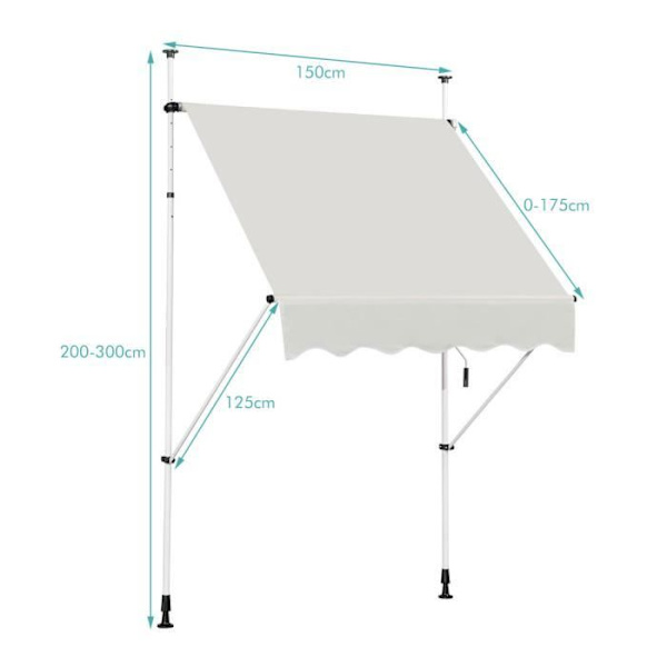 COSTWAY manuell infällbar markisgardin utan borrning 150x125CM-vinkel, justerbar höjd-metall och tyg-fönster, balkong, trädgård-beige Beige