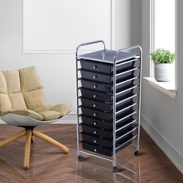 Opbevaringstårnvogn med 10 skuffer og 2 hjul med bremser til kontor eller stue 32,5 x 37 x 86 CM Sort