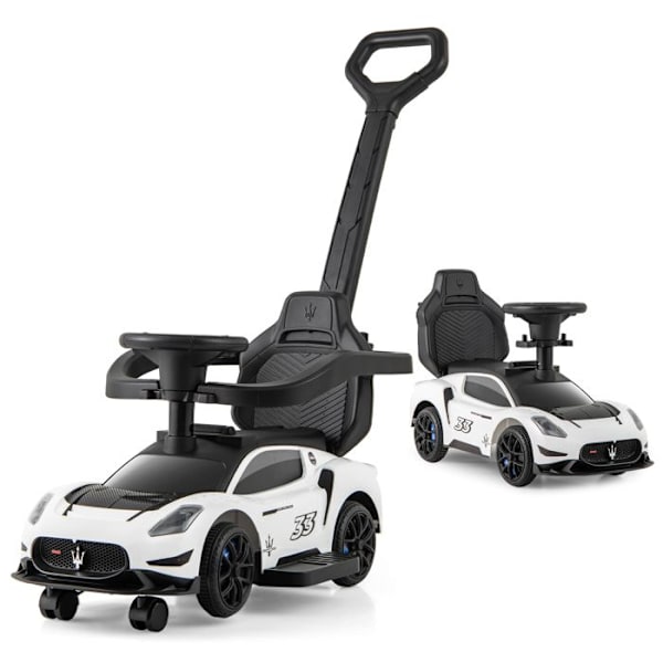 Maserati 3 in 1 push-bil för barn, 2 universella hjul, musikalisk styrning, förvaringsutrymme, 18 till 60 månader, vit
