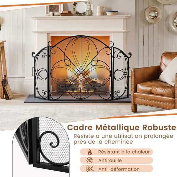 COSTWAY Eldstäva - 3 Fällbara Sektioner med Blommönster - Robust Metallram - Skydd för Barn och Djur - 151 x 83 cm