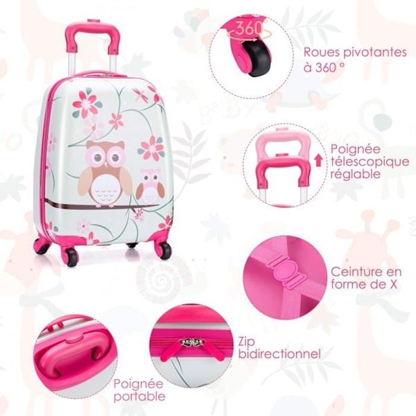 Kärrymatkalaukku lapsille - COSTWAY - Söpö pöllökuvio - Vaaleanpunainen - ABS - 4 pyörää Grönt och rosa