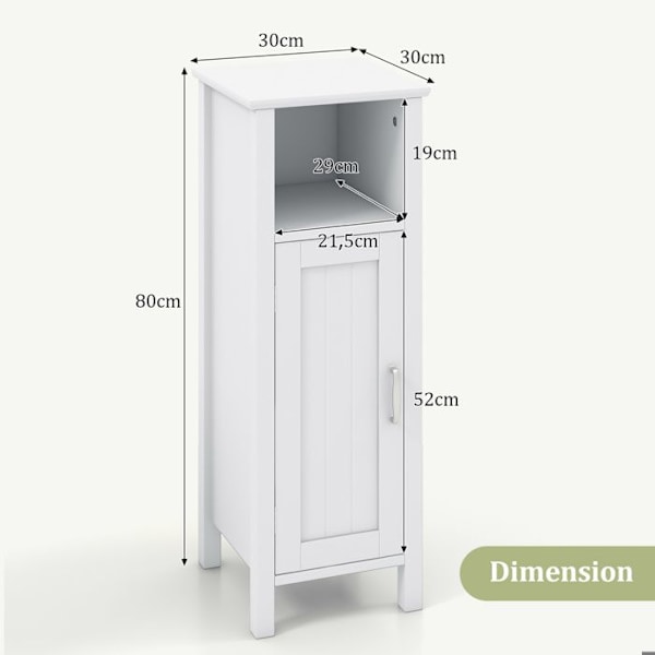 COSTWAY Badeværelsesskabe med Justerbar Hylde og Dør, Opbevaringsorganisator til Toilet 30 x 30 x 80 CM Hvid
