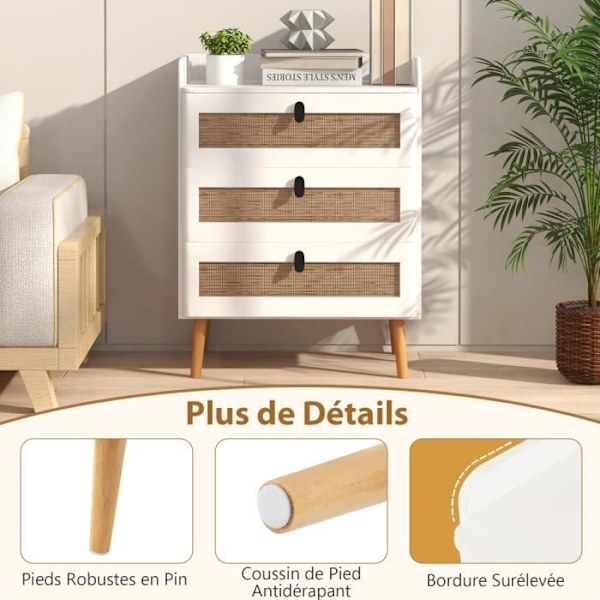 COSTWAY Sengebord med 3 Skuffer i Rattan, Moderne Sidebord, til Soveværelse, Stue, 60 x 40 x 75 cm Hvid