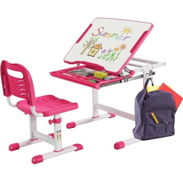 COSTWAY Ergonomiskt bordsset för barn Justerbar höjd, 0-45° lutande topp, skjuthylla för flera förvaringsutrymmen Rosa