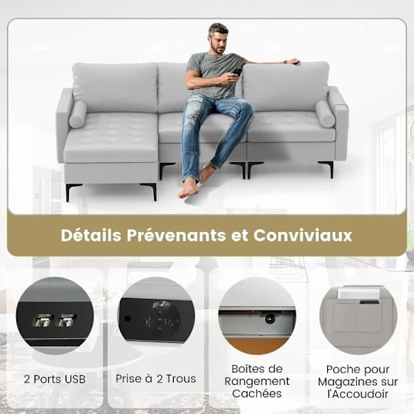 COSTWAY 3-4 personers hjørnesofa, luftlæder med 2 USB-porte, venstre eller højre, 3 hynder, 240 x 130 x 80 CM Grå Ljusgrått