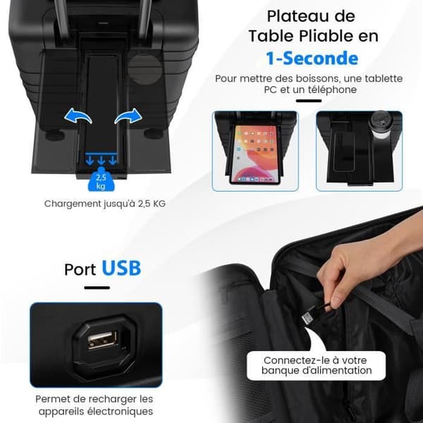 COSTWAY 20-tums handbagage på hjul med TSA-lås, med hopfällbart stativ, USB-laddning, flygresor, svart