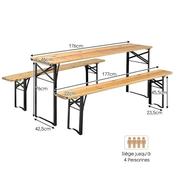 COSTWAY Fällbart campingbord och 2 bänkar 4 personer Stålkonstruktion Gran Träbord Vattentät last 300 kg
