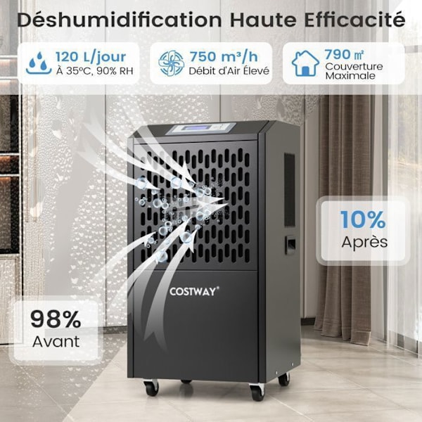 Professionell Avfuktare COSTWAY-118 L-Timer 24 H-Maximal täckning 790 m²-Automatiskt avfrostning-Auto-dränering-Kontrollpanel-Svart