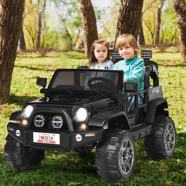COSTWAY 12V sähköinen 4x4 auto lapsille 3+ vuotta, 2 istuinta, 2.4G kaukosäädin, LED valot ja musiikki, musta Svart