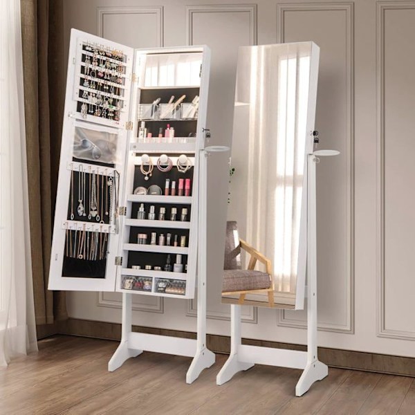 COSTWAY Fritstående smykkegarderobe med fuldlængde spejl og 3 farver LED, låsbar, til soveværelse, garderobe, hvid