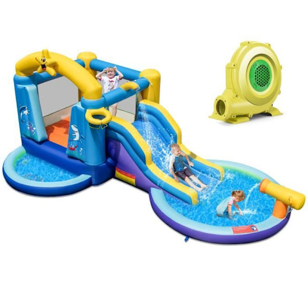 COSTWAY Ocean Theme oppusteligt slot med blæser 680W vandrutsjebane, 2 pools 50 havbolde vandkanoner, basketball bøjle Blå, gul och lila