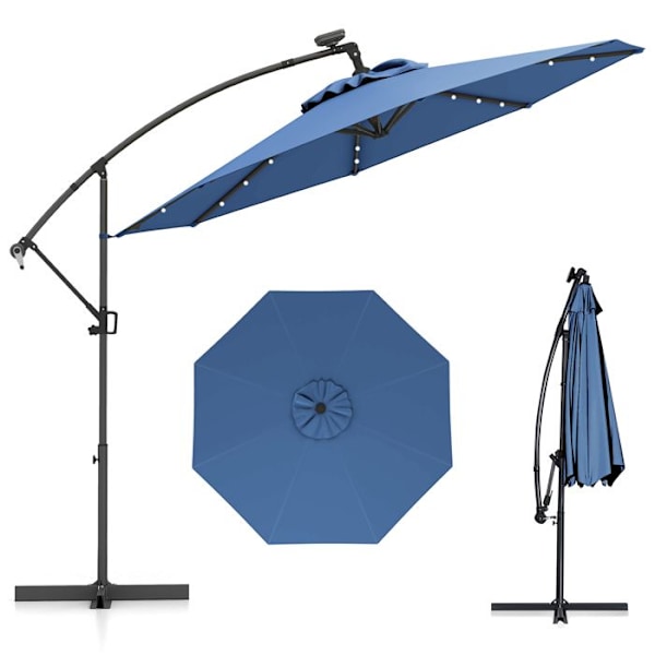Parasol Déporté φ300 x 245cm - COSTWAY - med 32 LED - Korsbas - Neigungsjustering - Vev - 360° Rotation - Blå