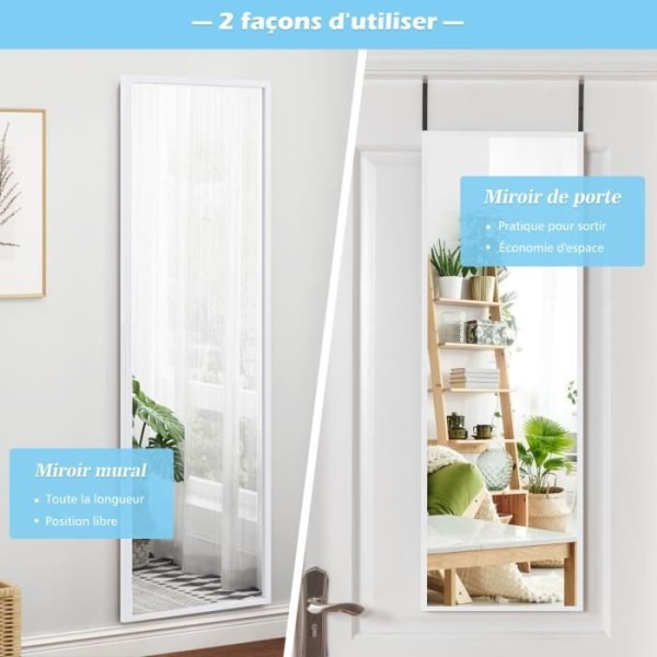 COSTWAY Väggspegel, HD hängande dörrspegel med höjdjusterbara hängkrokar för sovrum, vardagsrum och entré Vit