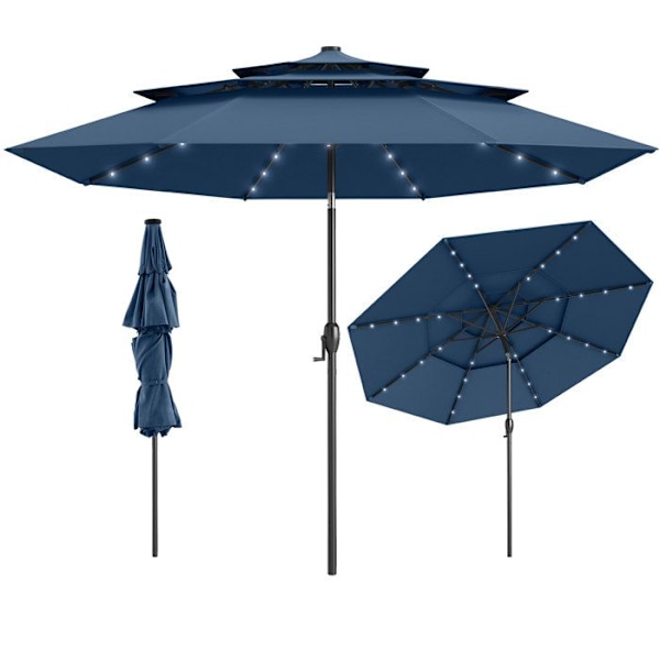 COSTWAY Haveparasol på 313 cm - 32 LED-lys - 35° Justerbar Længe - Ventileret Tag i 3 Niveauer - Kurbøjet til Terrasse Blå