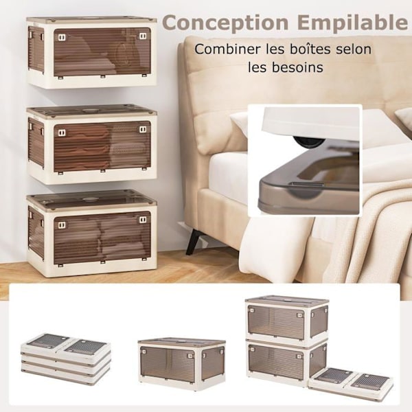 COSTWAY Stapelbara plastförvaringskärl 132 L lock & 3 nivåer & 5 dörrar & hjul för vardagsrum & sovrum 51,5x36,5x88CM Vit Vit Brun
