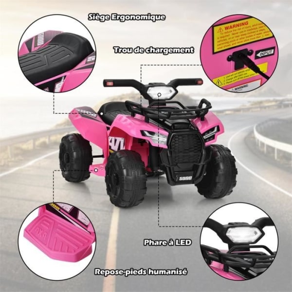 COSTWAY Elbil 6 V Quad Børn 2 Km/t Musik, Horn, Let, 4 skridsikre hjul Opbevaringsboks Pink Rosa