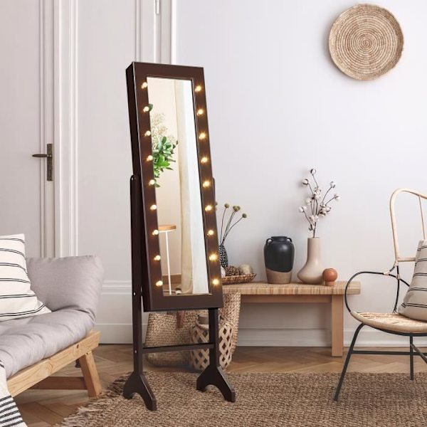 COSTWAY Fristående smyckesskåp med 18 lysdioder, justerbar vinkel, mjukt sammetsfoder 35 × 31,5 x 145 CM Brun