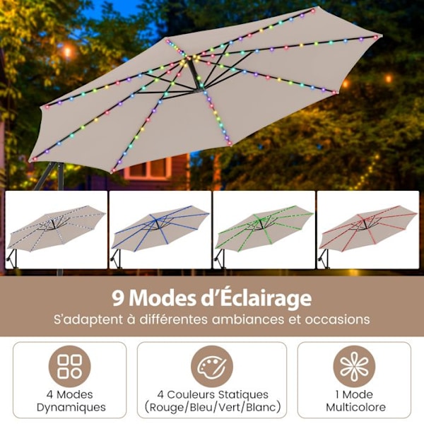 Parasol Deporter 3M med Base 96 LEDs - COSTWAY - Solbeskyttelse - Tipping Rotation 360° - 2 Sandposer - 8 Stænger Beige