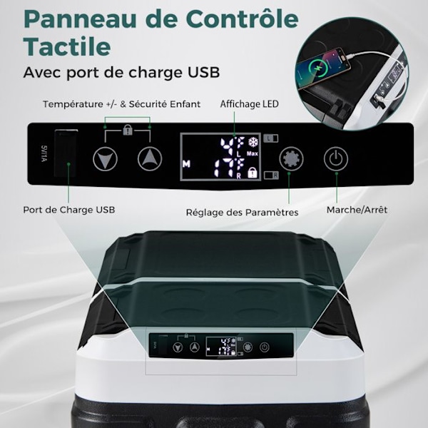 Kannettava COSTWAY-autojääkaappi 12/24V-kaksi erillistä vyöhykettä 40 L-ECO/Max-tila-3 tehotilaa-LED-kosketuspaneeli