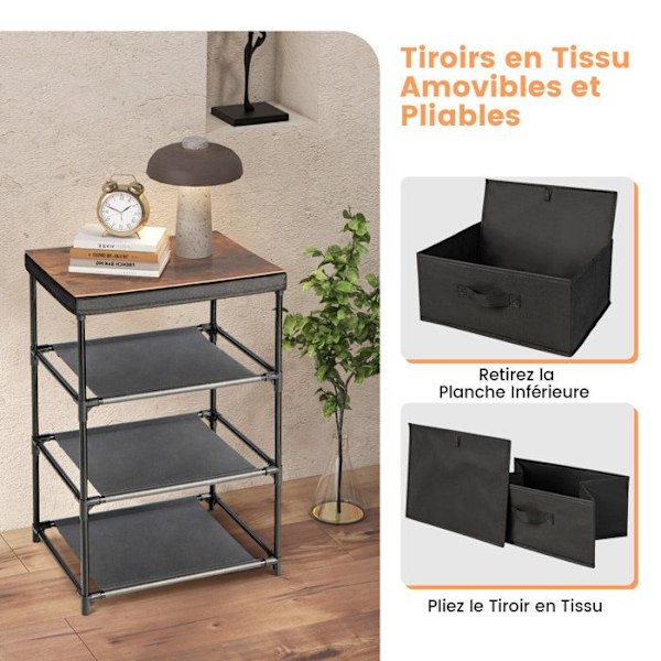 COSTWAY kommode med 3 stofskuffer 48 x 20 x 76 cm, sengebord med metalstel, til soveværelse, industri, sort