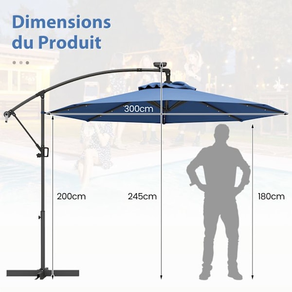 Parasol Déporté φ300 x 245cm - COSTWAY - med 32 LED - Korsbas - Neigungsjustering - Vev - 360° Rotation - Blå