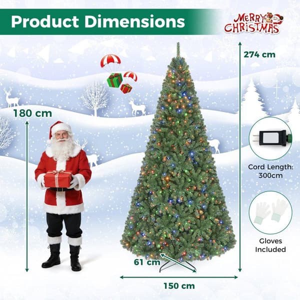 LED Lysende Juletræ 270cm COSTWAY med 3533 Grene, Multifarvede LED Lys med 11 Tilstande og 5 Farveskift Grön