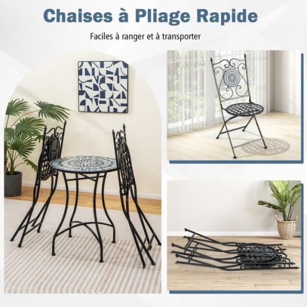 COSTWAY 3 st Metal Trädgårdsmöbler Set - Runt bordsset och 2 hopfällbara stolar - Mosaikmönster, halkfria kuddar