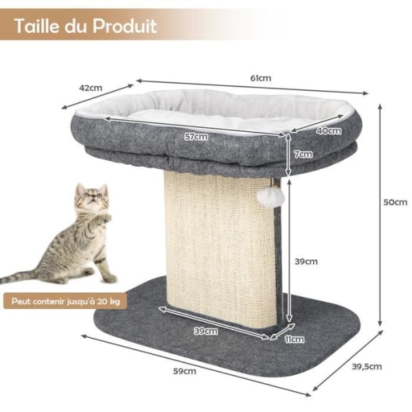 COSTWAY 50CM Tower Cat Tree - Stor plysch abborresäng - Hängande pumps - Sisal Scratching Tower för kattunge - Grå