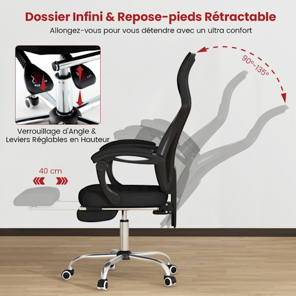 COSTWAY Ergonomisk mesh-kontorstol med fodstøtte, justerbart ryglæn, nakkestøtte, armlæn Højsæde 44,5-51,5 cm