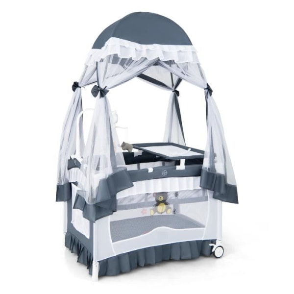 COSTWAY 4 i 1 hopfällbar babyparaplysäng Resesäng med madrass, jurta myggnät, skötbord, blöjhållare och väska grå