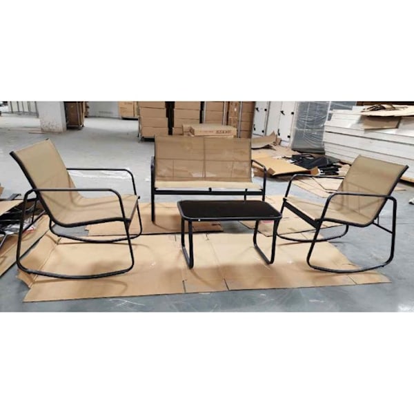 COSTWAY Ensemble 4PCS Havebord og Stole, Glasbord, 2 Gyngestole og Sovesofa, til Balkon Patio Pool, Brun kastanj