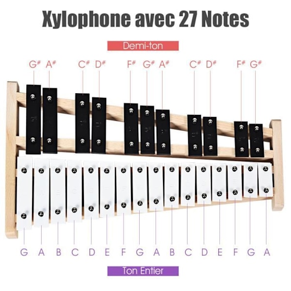 COSTWAY Xylophone Glockenspiel 27 metalnoter med træbund, 2 gummihammere, bæretaske, 2 rækker toner