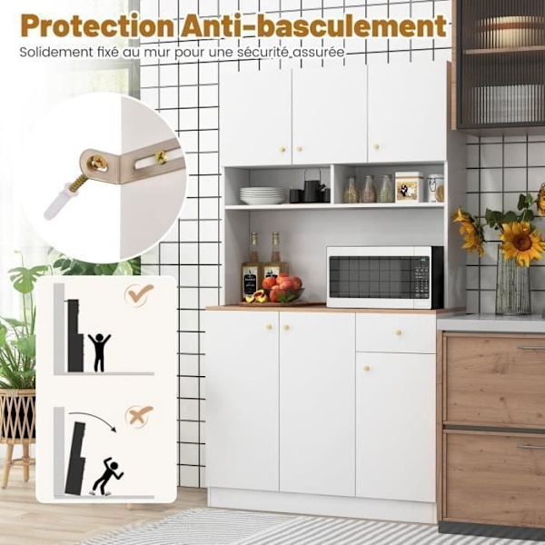 COSTWAY Keittiöbuffet, jossa on pistorasioita, USB-portteja, 3-asentoon säädettävät hyllyt ja kaatumisenestokitsit, 100 x 40 x 181 CM Vit
