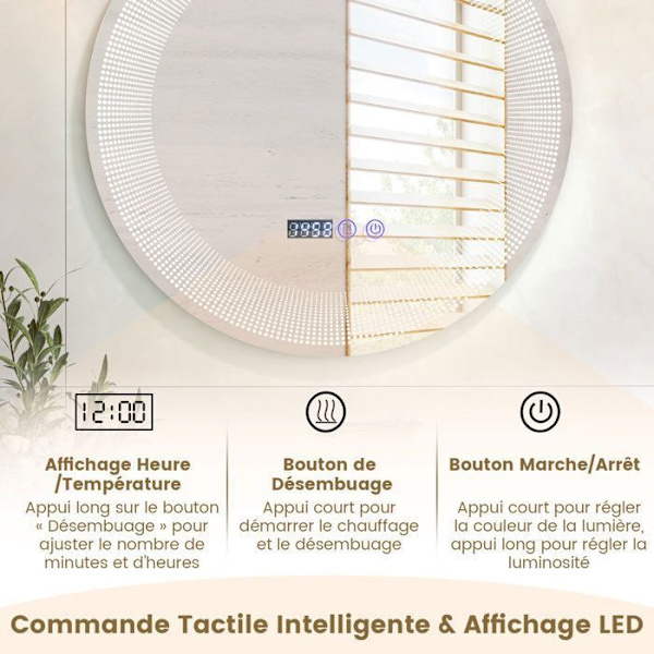 COSTWAY Ø 60 cm Badeværelsesspejl med Mønster - LED, Anti-dug, 3 farver, Hukommelsesfunktion, Tid/Temperatur Display, IP44