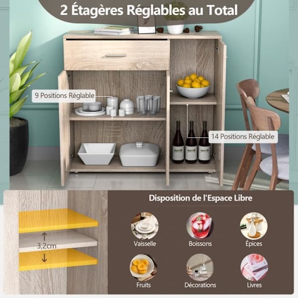 COSTWAY Buffet i Køkken Skab Opbevaringsmøbel med 1 Skuffe og 3 Døre i MDF 90 x 29 x 82 CM (L x B x H) Naturlig Kommode