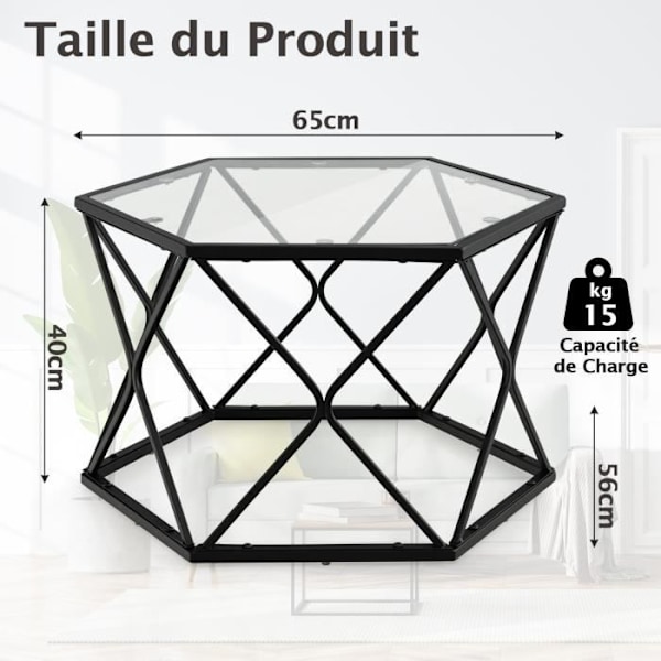 COSTWAY geometrisk sofabord med hærdet glasplade, sekskantet sidebord, moderne stil til stuen, 65x56x40 cm, sort