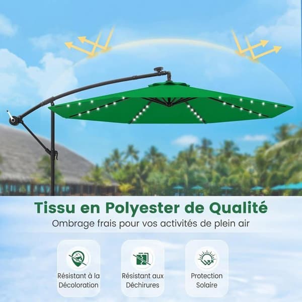 COSTWAY Parasol med 3M Udspring med 40 LED-lamper, Solpanel 6 Timer, Krydsbase, Sandpose, UV 20+ Polyesterstof