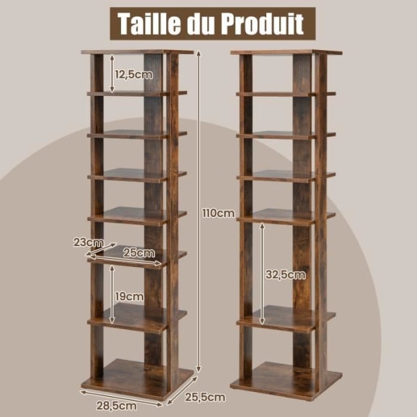 COSTWAY 7-kerroksinen kenkäkaappi, kenkäteline irrotettavalla hyllyllä ja kallistuksenestolaitteella 28,5 x 25,5 x 110 cm kahvi