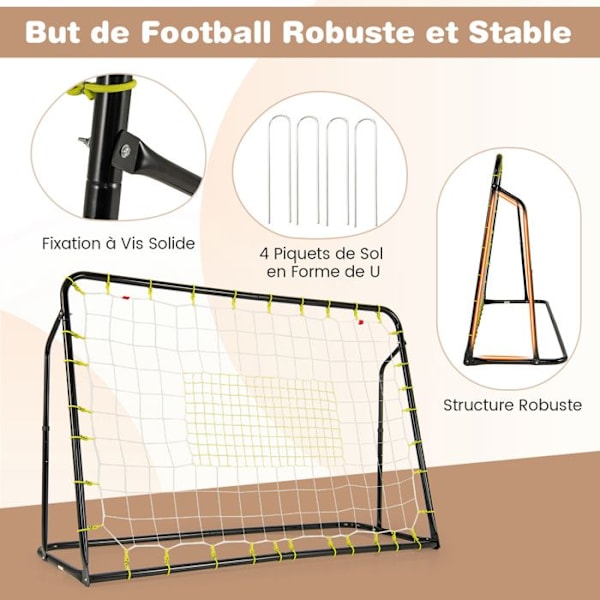COSTWAY Kids Football Rebound Net-2 in 1-187 x 60 x 122,5 cm-5 kulmat säädettävät-metallirunko-jalkapalloharjoittelu-musta