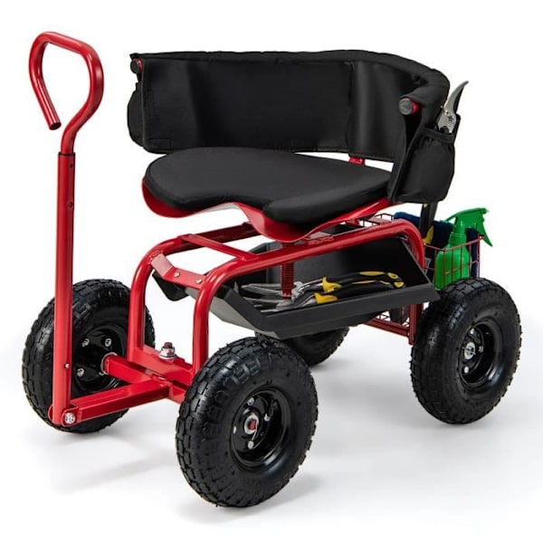 COSTWAY Trolley drejelig havestol på mobile hjul med forskellig opbevaring, justerbar højde 60-69 CM, belastning 135 KG Röd+svart
